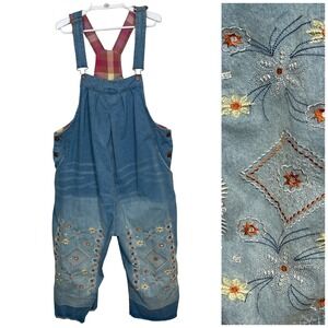 YESNO Overall Dungarees Womens L Blue Denim Floral Baggy Wide Leg Distressed
